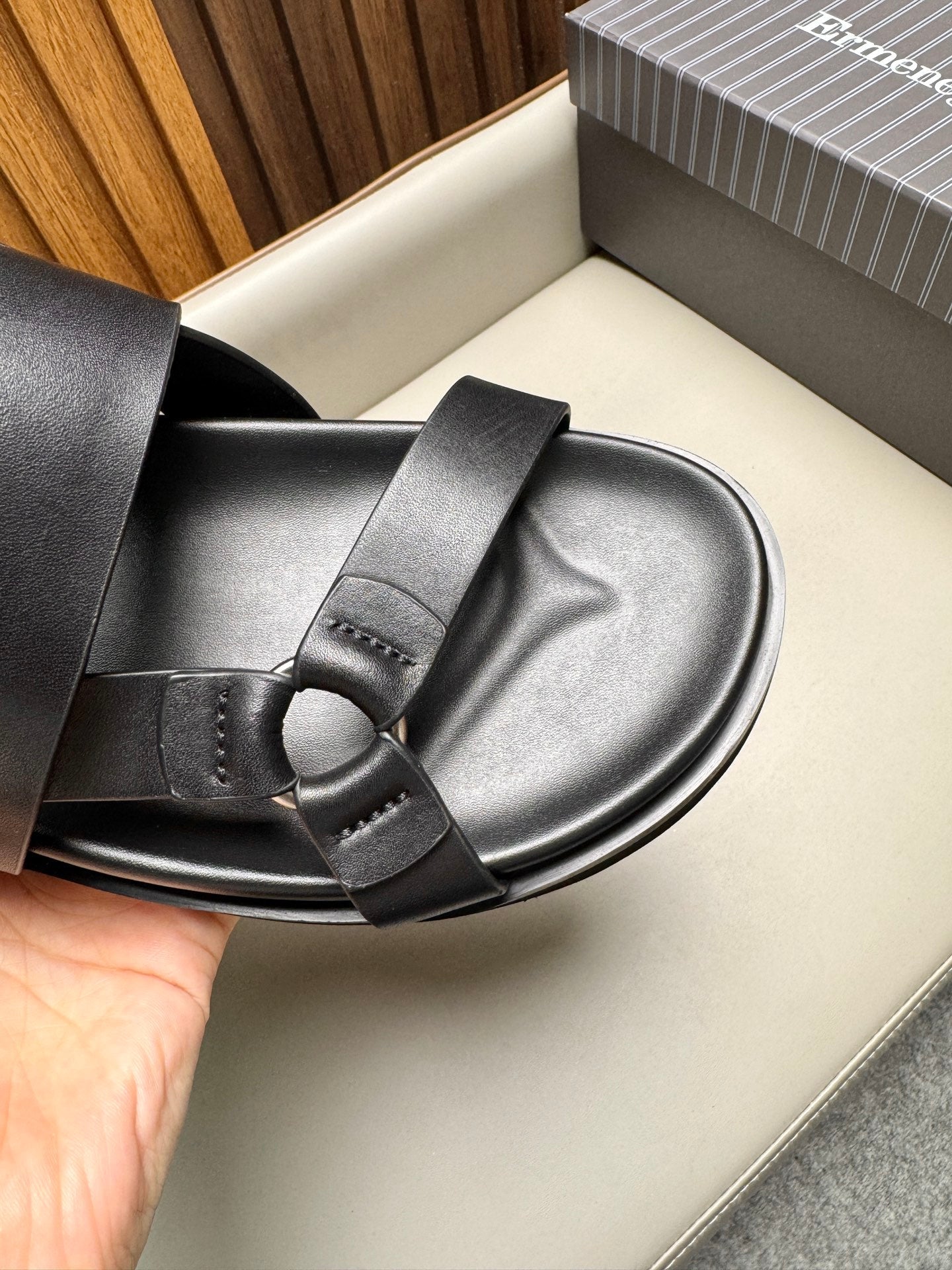 Zegna Men’s Sandals Black Glossy Calfskin 175817