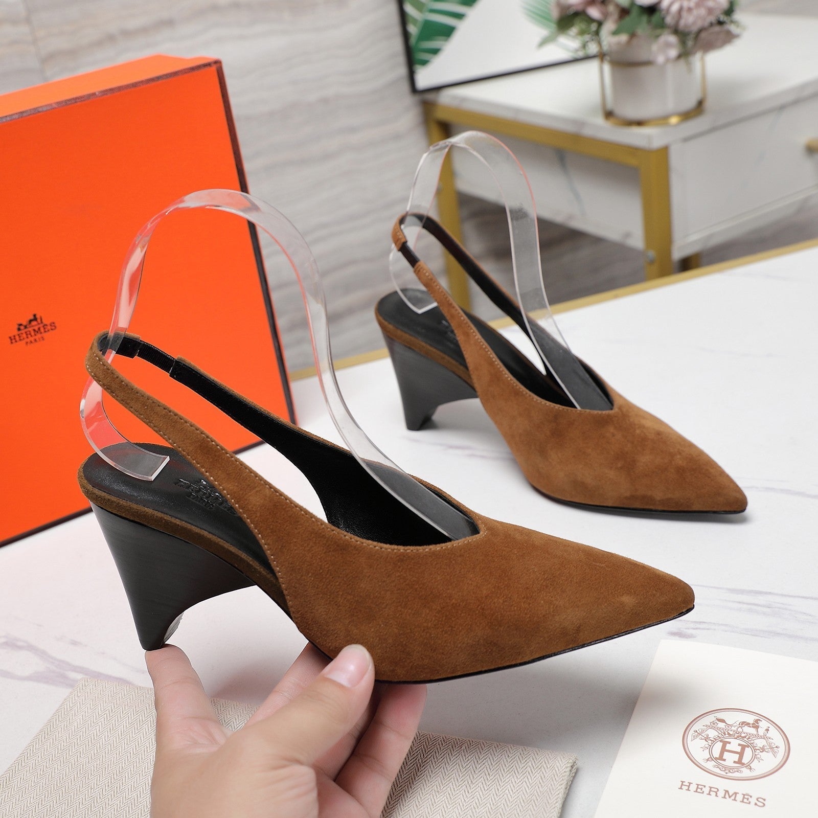 HM  Classic High-Heeled Slingback 70mm Brown Suede Sheepskin 547642