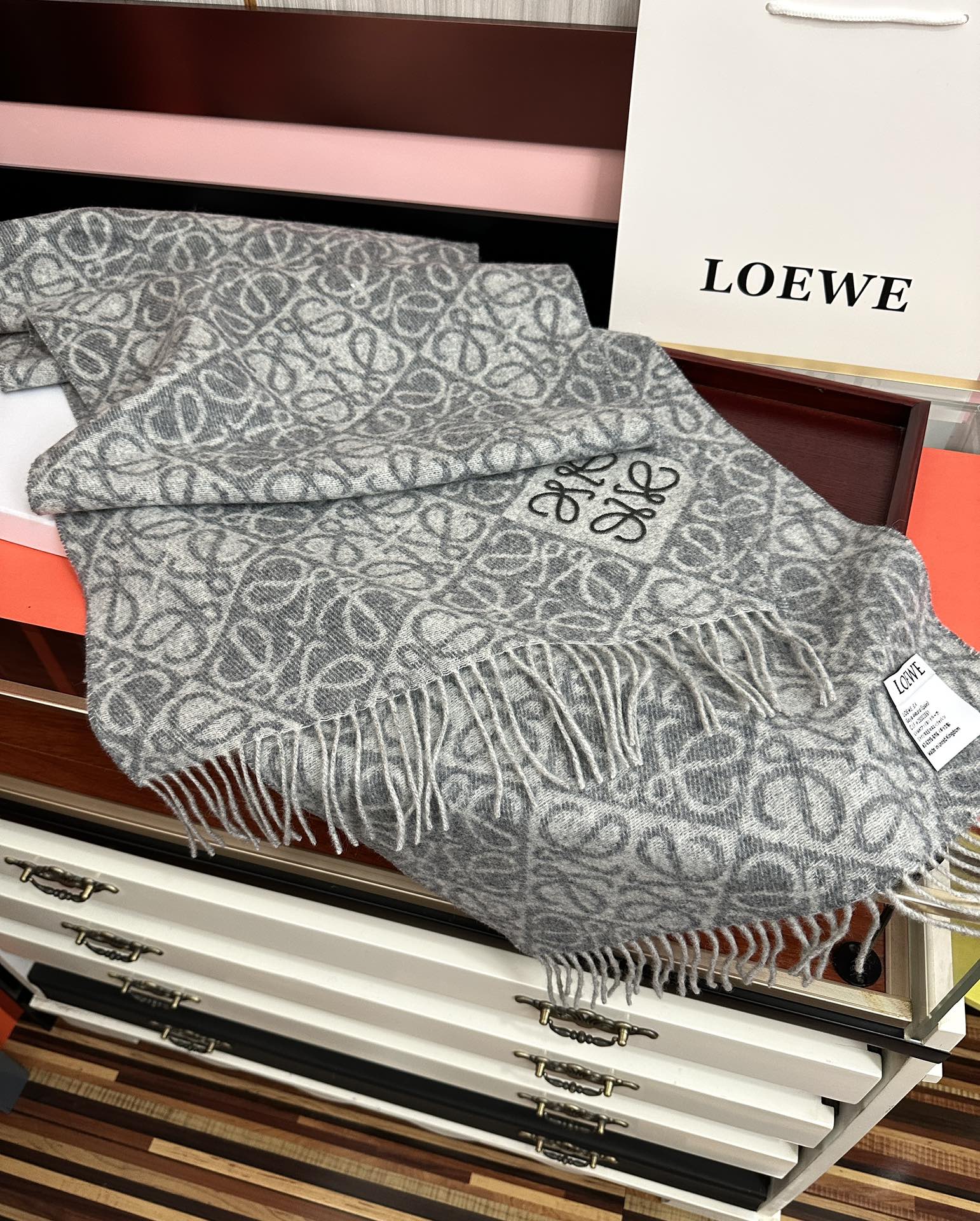 Loewe  Anagram Scarf 180CM Grey Cashmere 153106