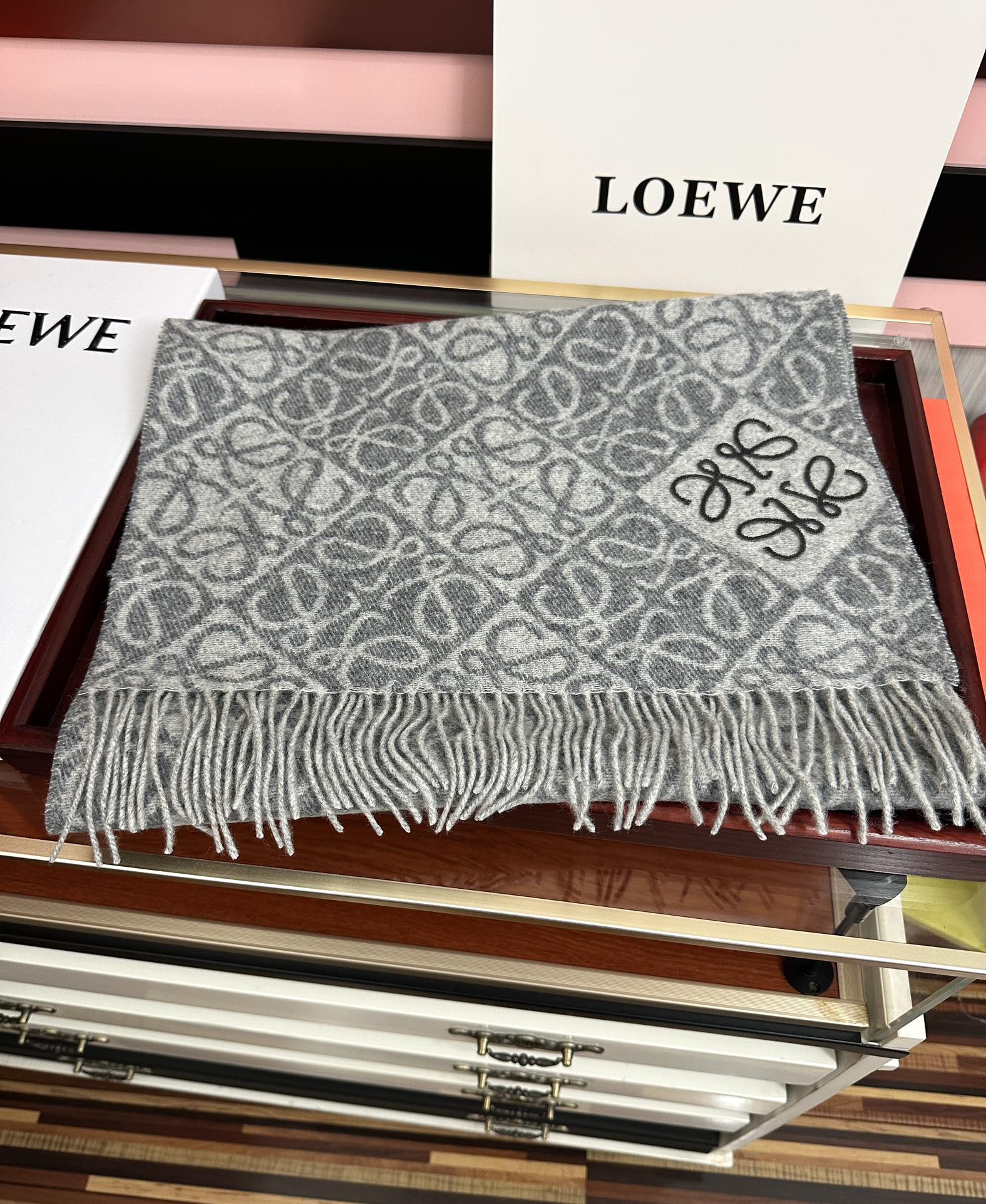 Loewe  Anagram Scarf 180CM Grey Cashmere 153106