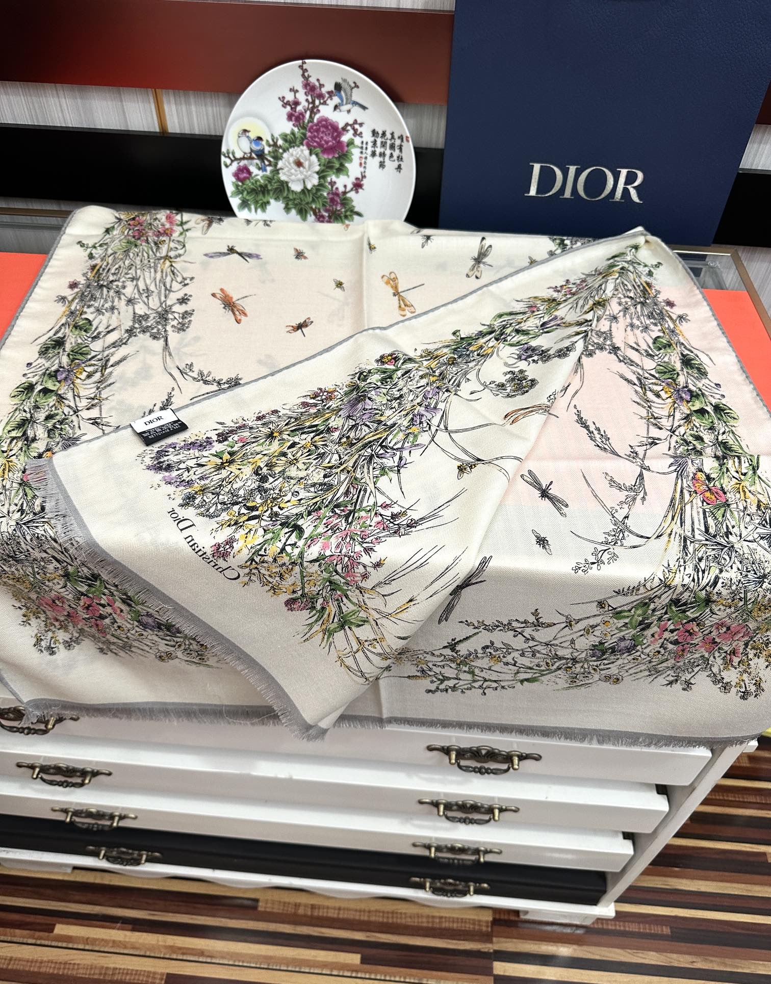 CD Double-Sided Scarf 185cm Ivory Multicolor Cashmere 153119