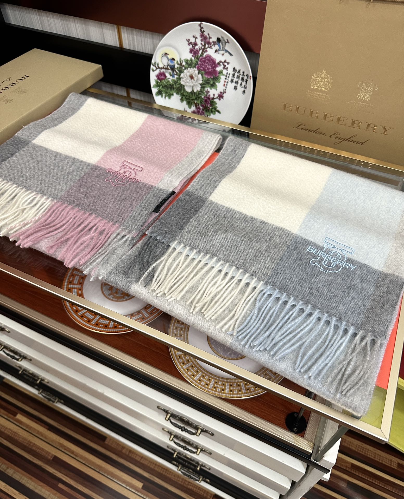 HM 26s Reversible Scarf 180cm Pale Blue Grey Cream Cashmere 153129