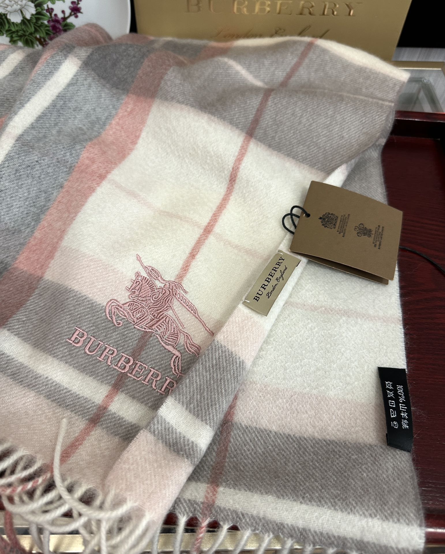 BBR Long Scarf 180CM Dark Pink Grey Cream Cashmere 153137