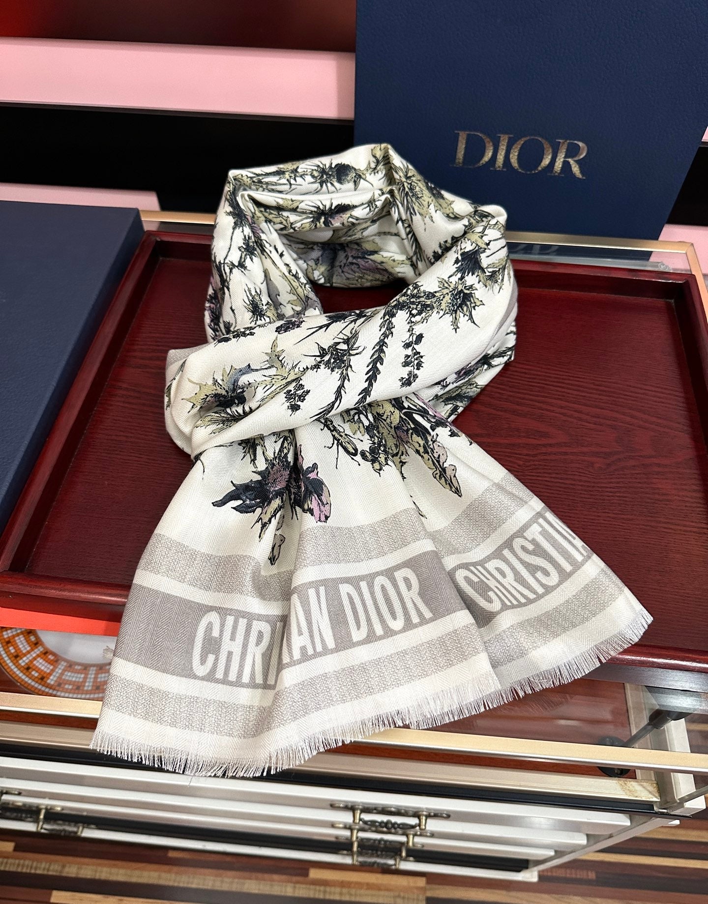 CD Double-Sided Chardons Scarf 185cm White Gray Cashmere 271211