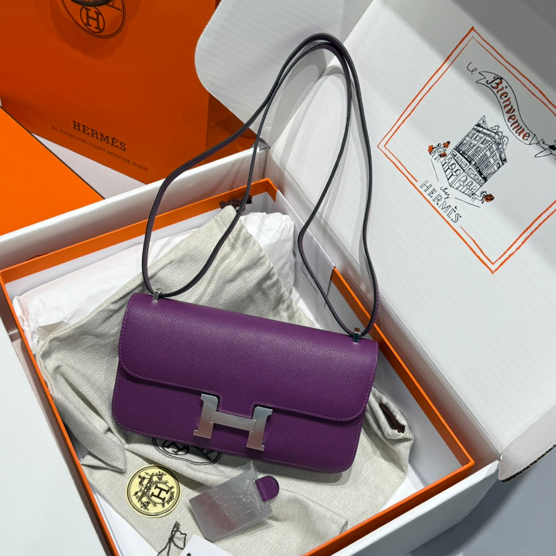 HM Constance Elan 24cm Bag Purple Epsom Leather Silver Hardware