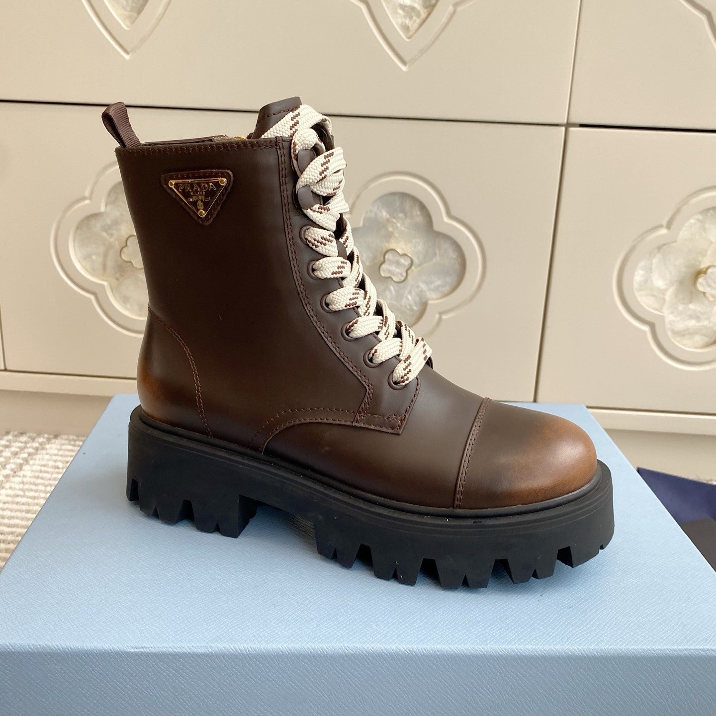 Prada 26s Combat Boots Coffee Leather 957397