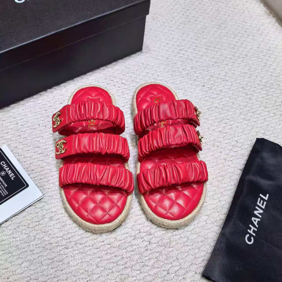 CC 26B Ruched Straps Espadrille Sandals 2cm Red Lambskin 122403