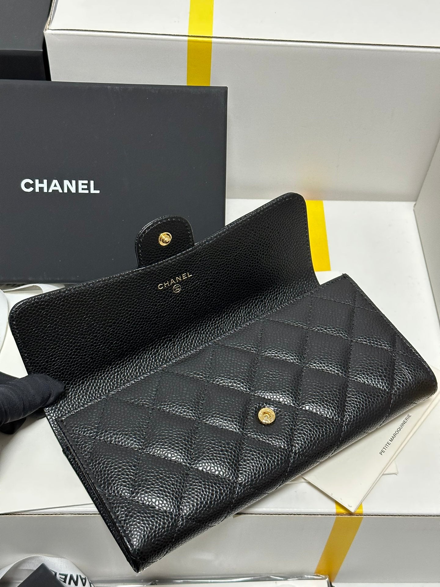 CC Classic Long Flap Wallet Black Quilted Caviar Gold Buckle 243676