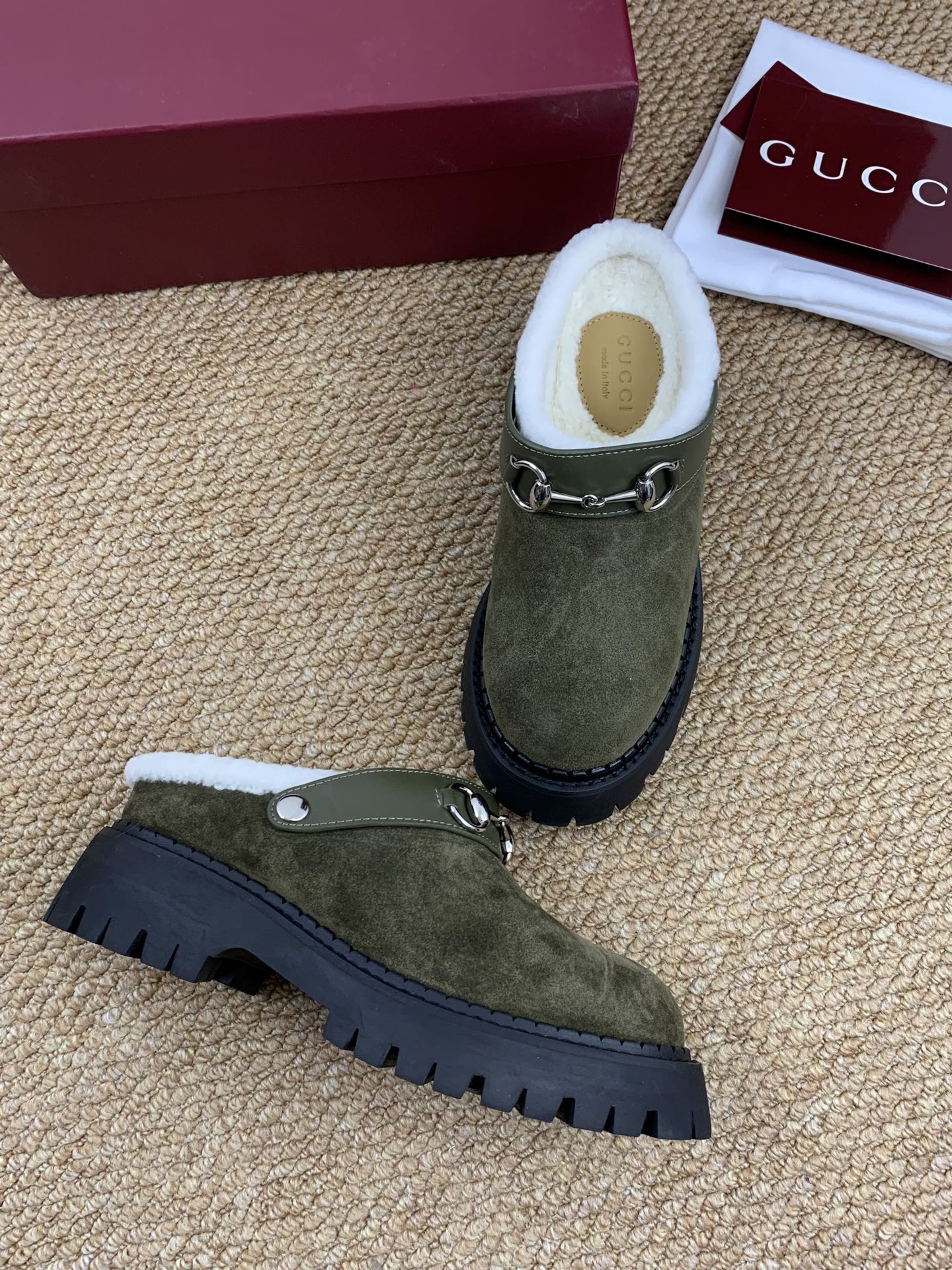 Gucci FW 25 Horsebit Suede Clog Dark Green  Suede with Shearling 506446