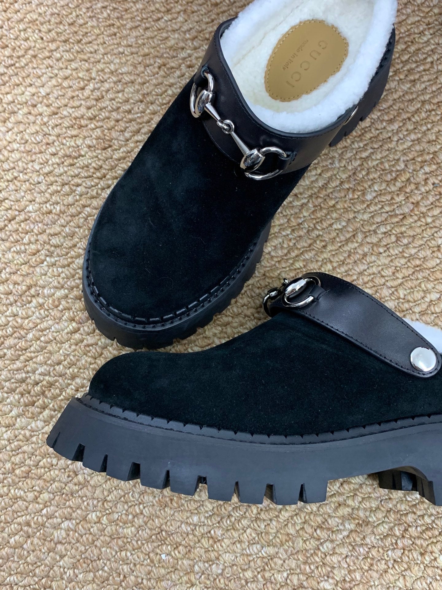 Gucci FW 25 Horsebit Suede Clog  Black Suede with Shearling 506445
