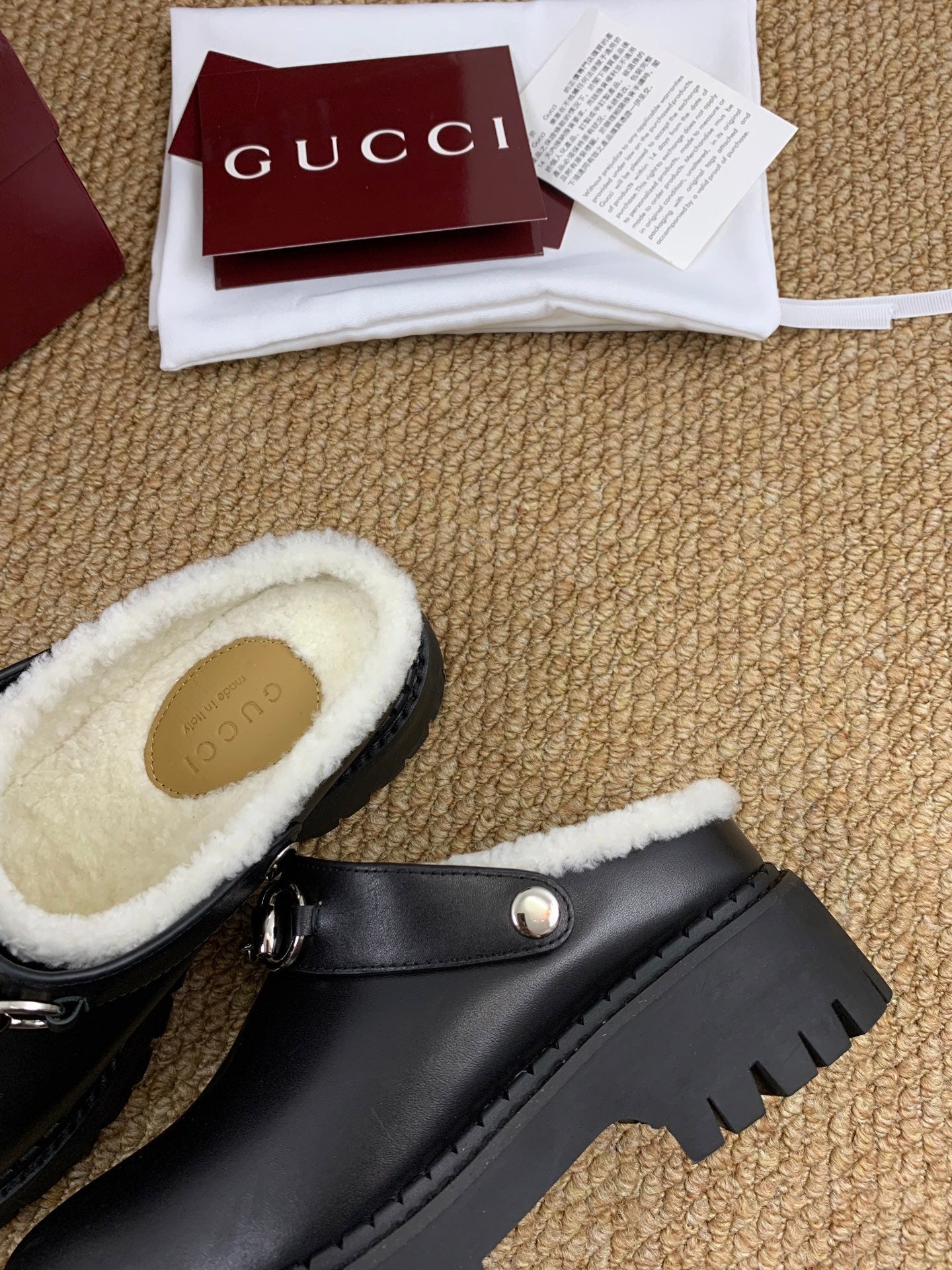 Gucci FW 25 Horsebit Suede Clog Black  Leather with Shearling 506443