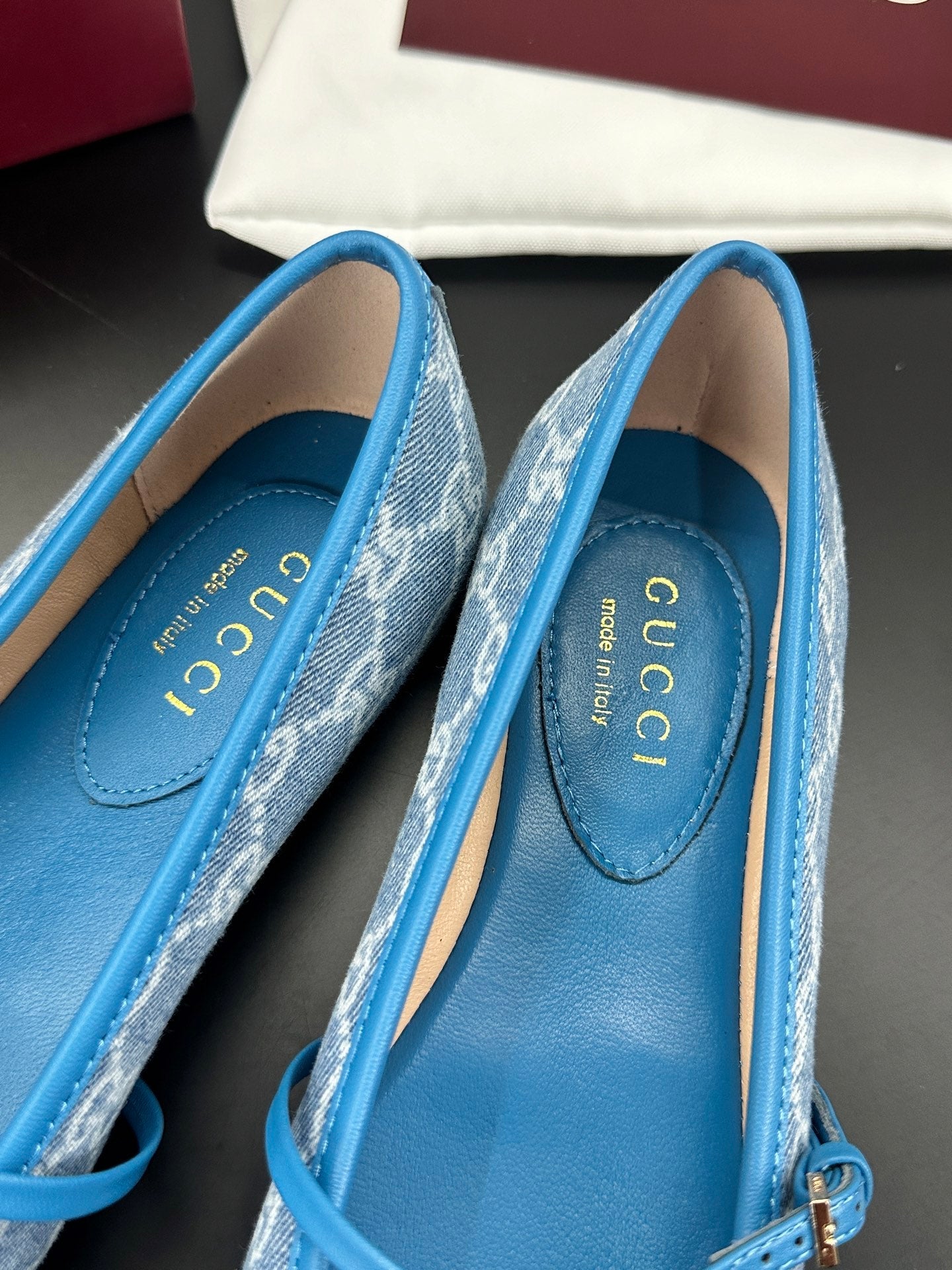 GG 26s Horsebit Ballet Flat Blue Denim Sheepskin 688308