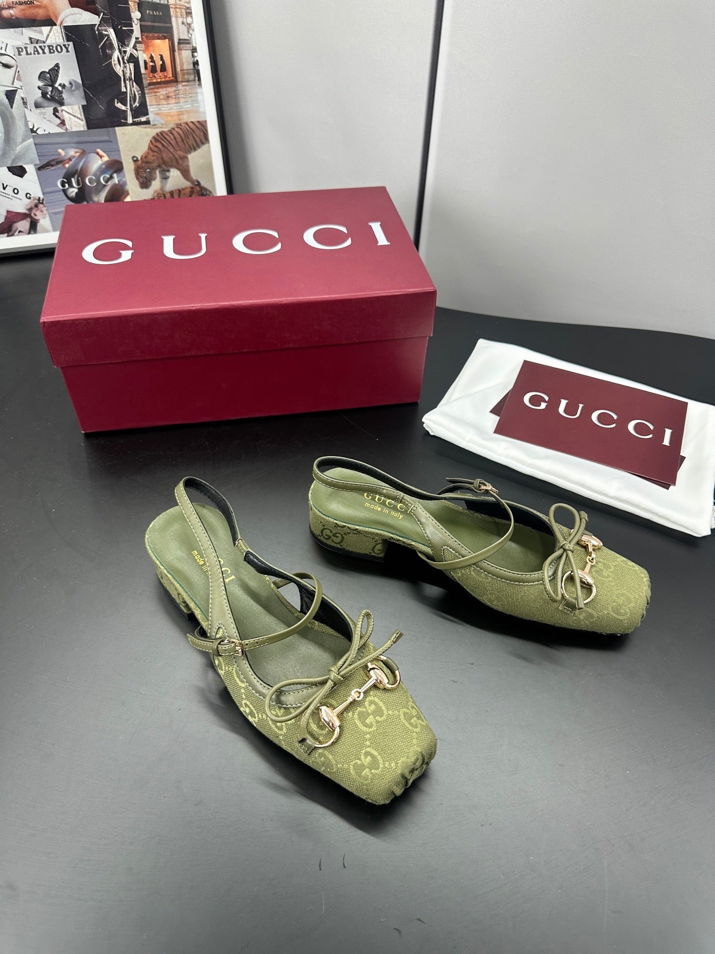 GG 26s Horsebit Slingback 2.5cm Olive Canvas 688317
