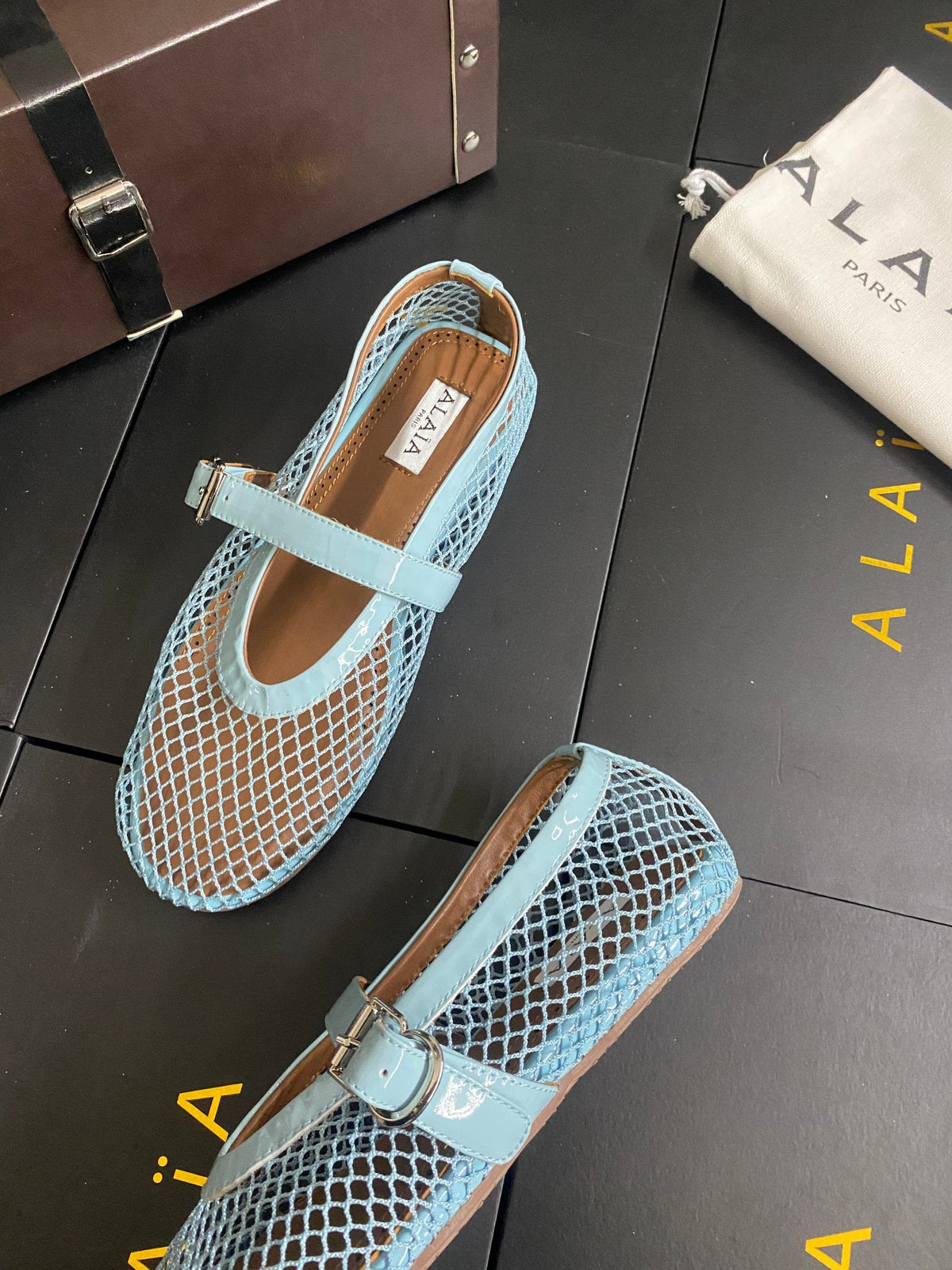 Alaia 26s Mesh Mary Jane Flats 1cm Light Blue Patent Leather SHW 110719