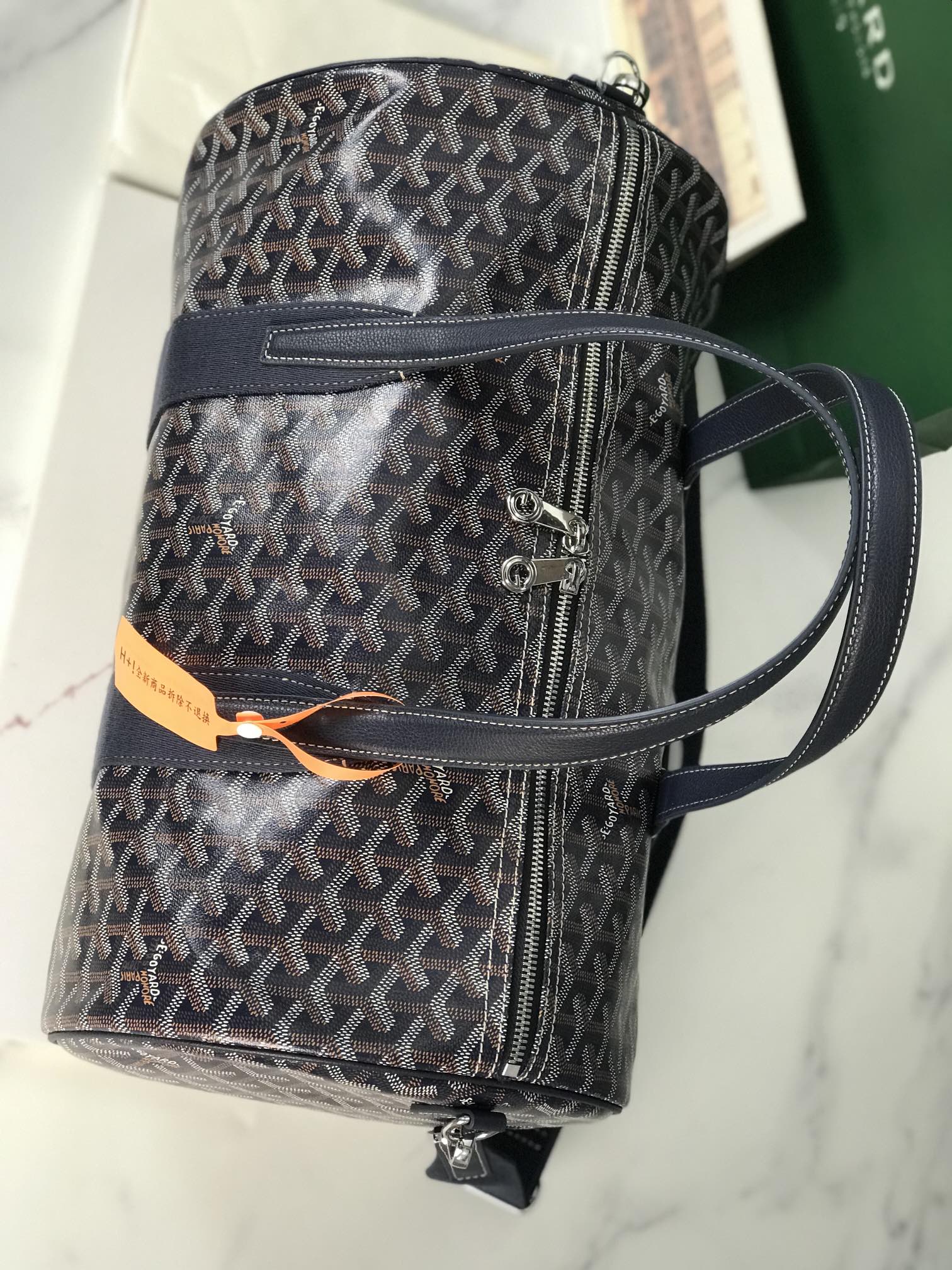Goyard Barrel 40 Sports Bag Navy Blue Canvas & Calfskin