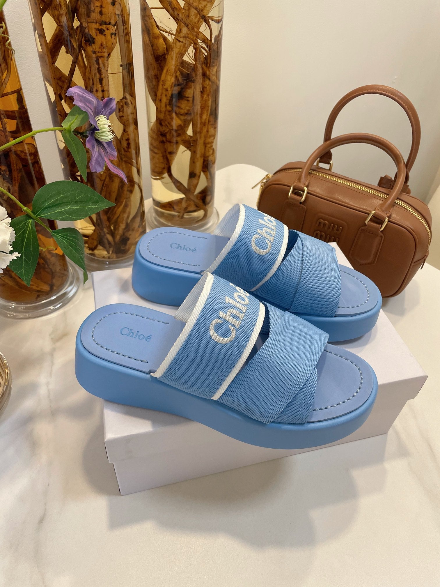 CHLOÉ WOODY WEDGE SANDALS IN CERULEAN BLUE CANVAS WITH RUBBER SOLE