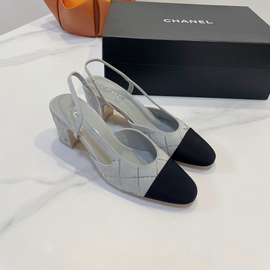 CC 26s Quilted Two-Tone Slingbacks Grey Black Suede Fabric 941695