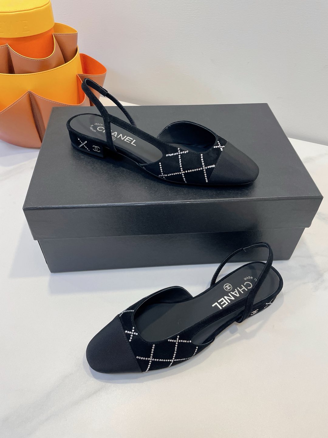 CC 26s Quilted Two-Tone Slingbacks Black Suede Fabric 941697