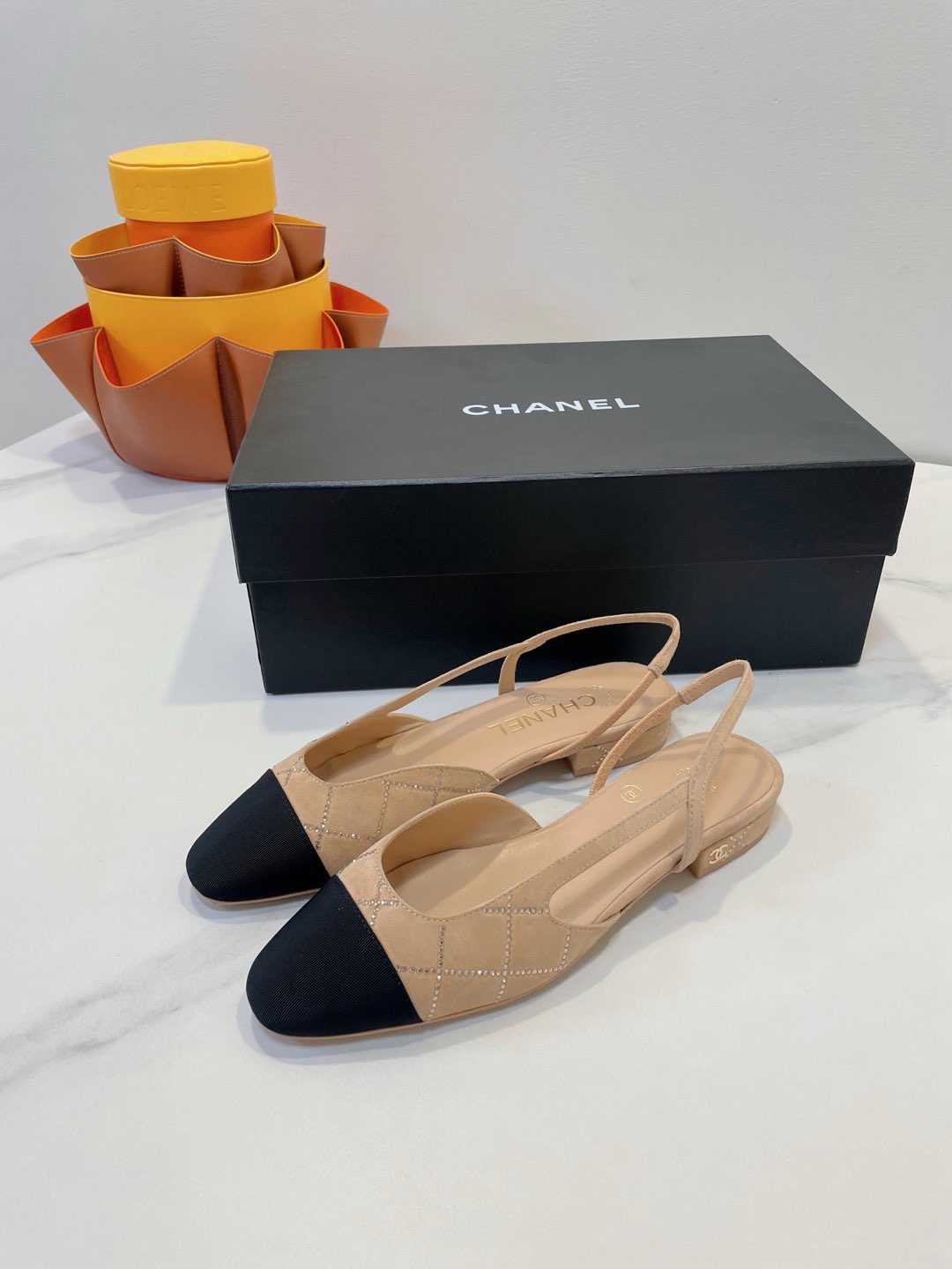 CC 26s Quilted Two-Tone Slingbacks Black Beige Suede Fabric 941699