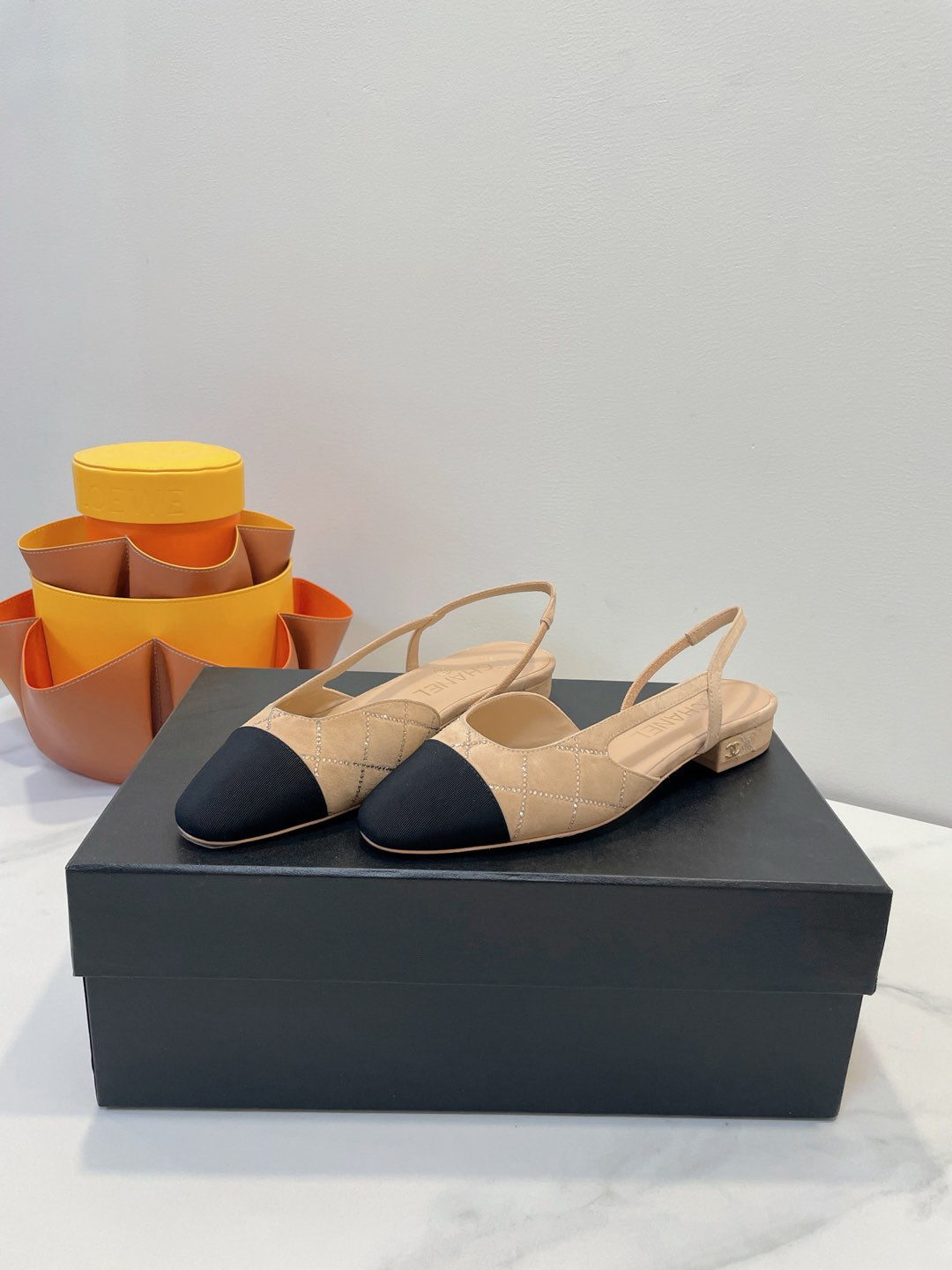 CC 26s Quilted Two-Tone Slingbacks Black Beige Suede Fabric 941699