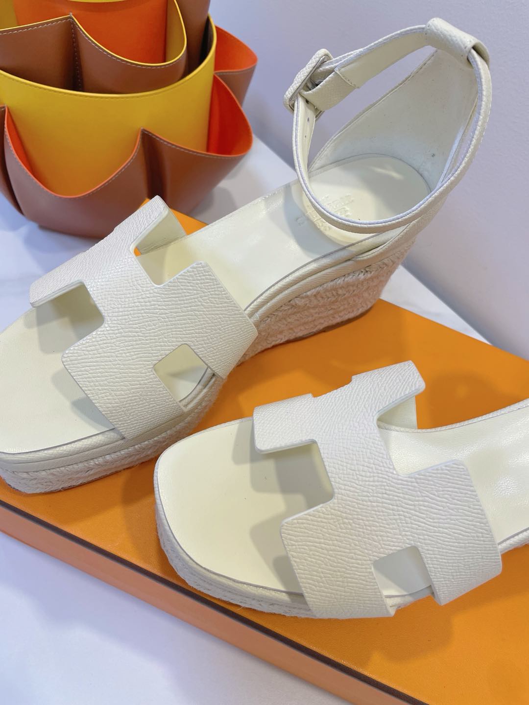 HM 26s Espadrille Wedge Sandals In Cream White Calfskin