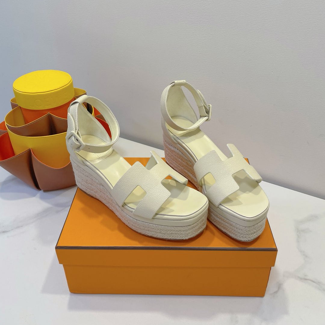 HM 26s Espadrille Wedge Sandals In Cream White Calfskin