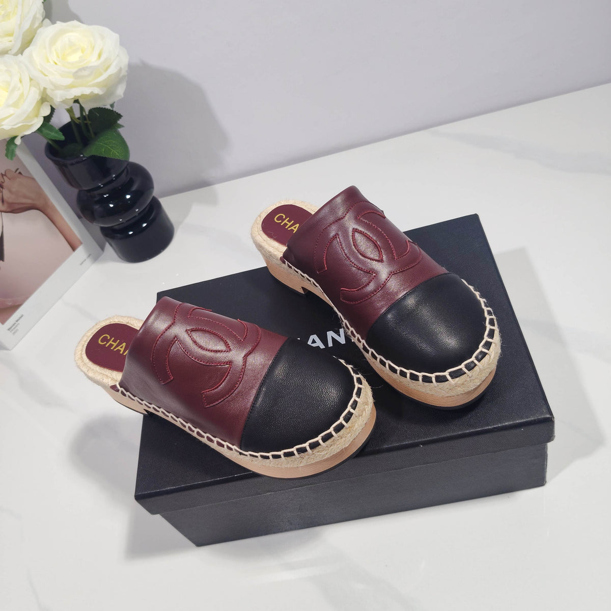 CC 26s Half-Length Slippers Black Burgundy Sheepskin 104251