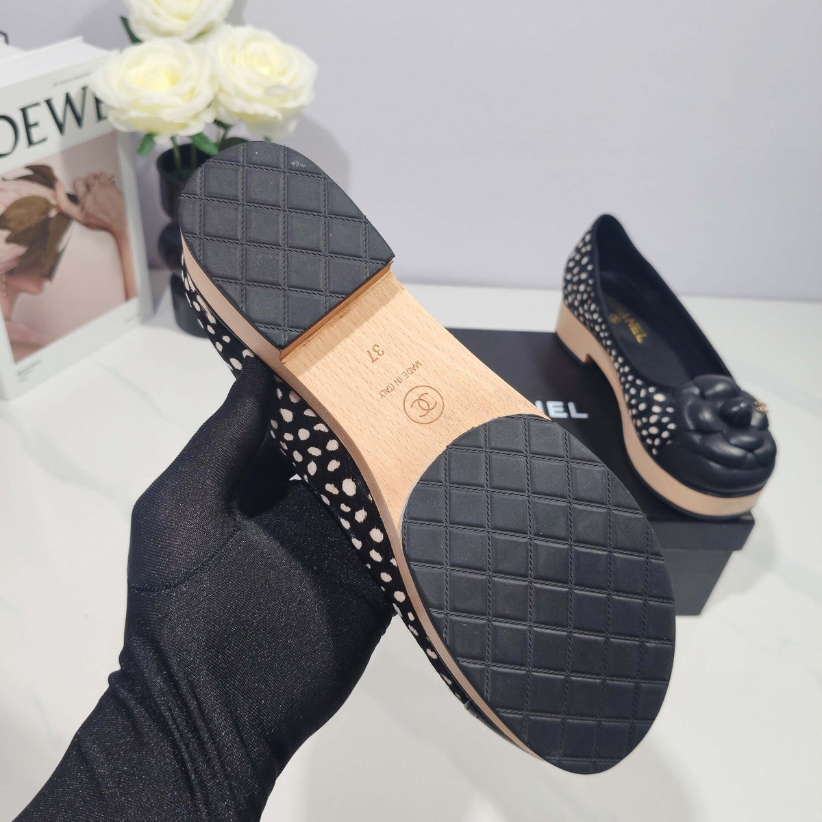 CC 26s Camellia Polka Dot Platform Shoes Black Horsehair 104254