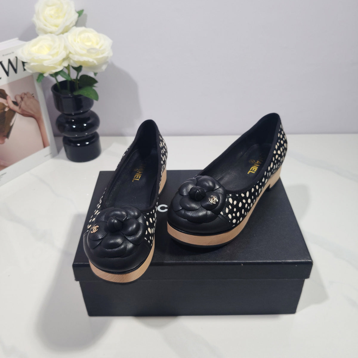 CC 26s Camellia Polka Dot Platform Shoes Black Horsehair 104254