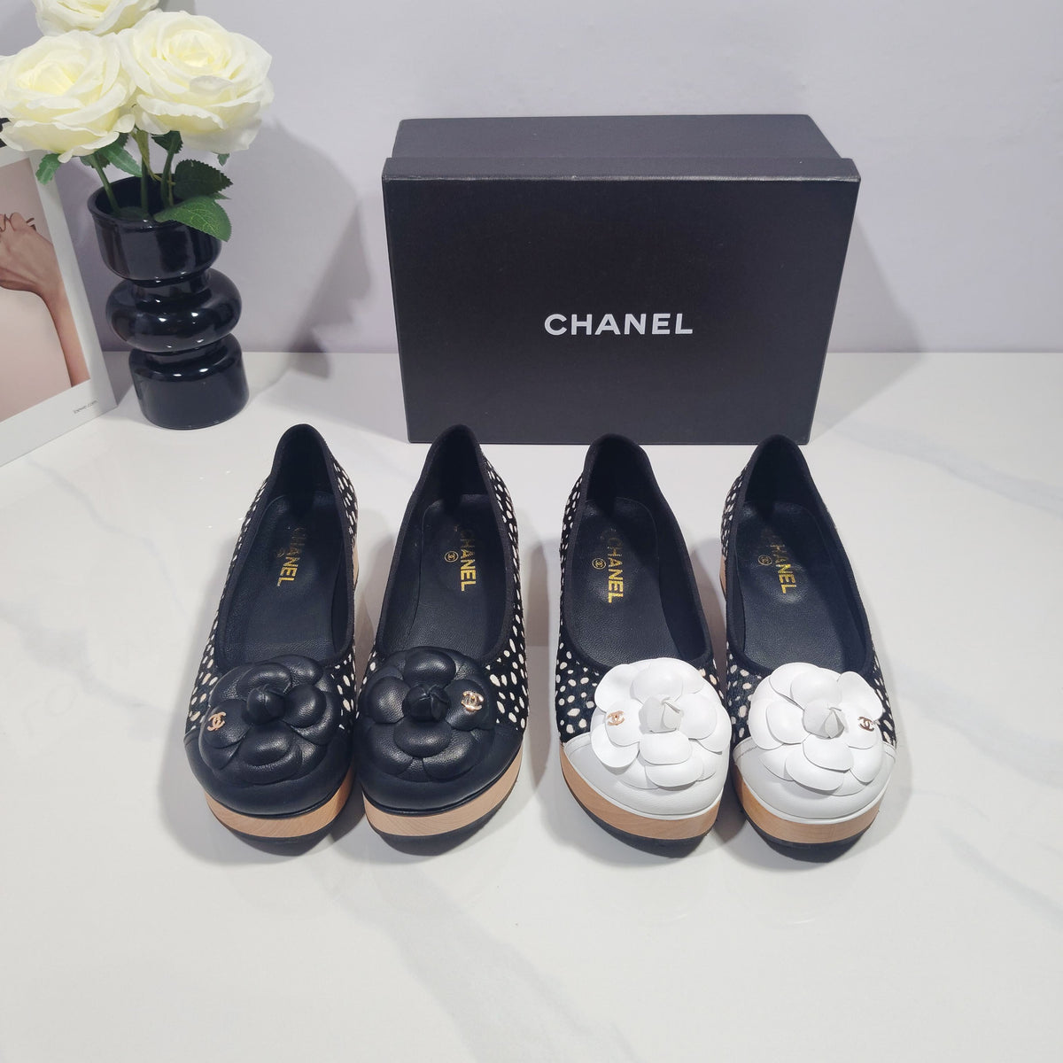 CC 26s Camellia Polka Dot Platform Shoes Black Horsehair 104254