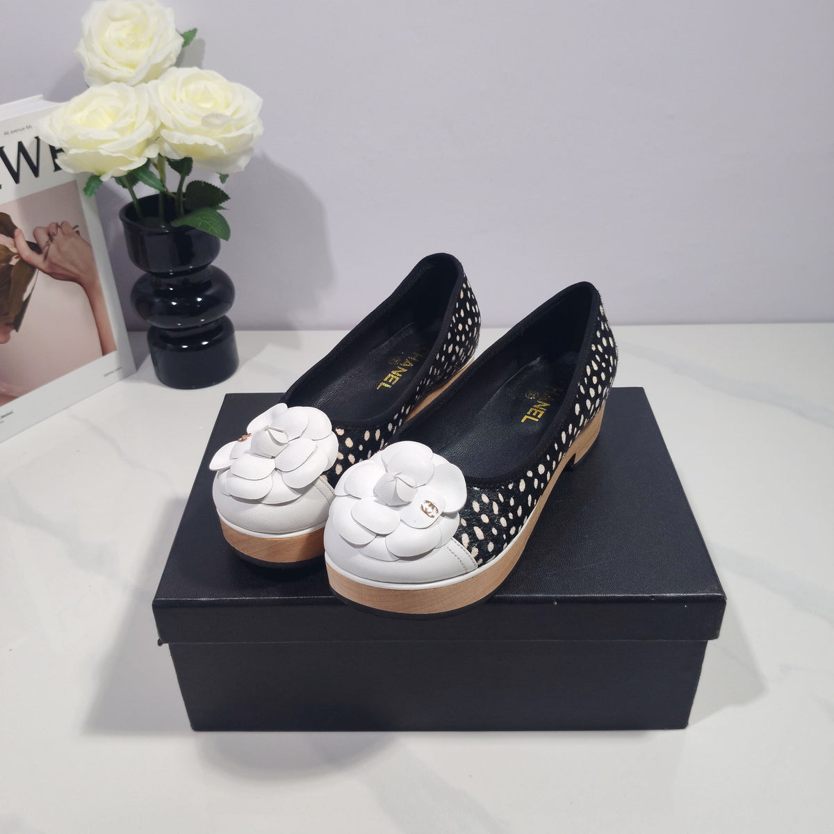 CC 26s Camellia Polka Dot Platform Shoes Black White Horsehair 104255