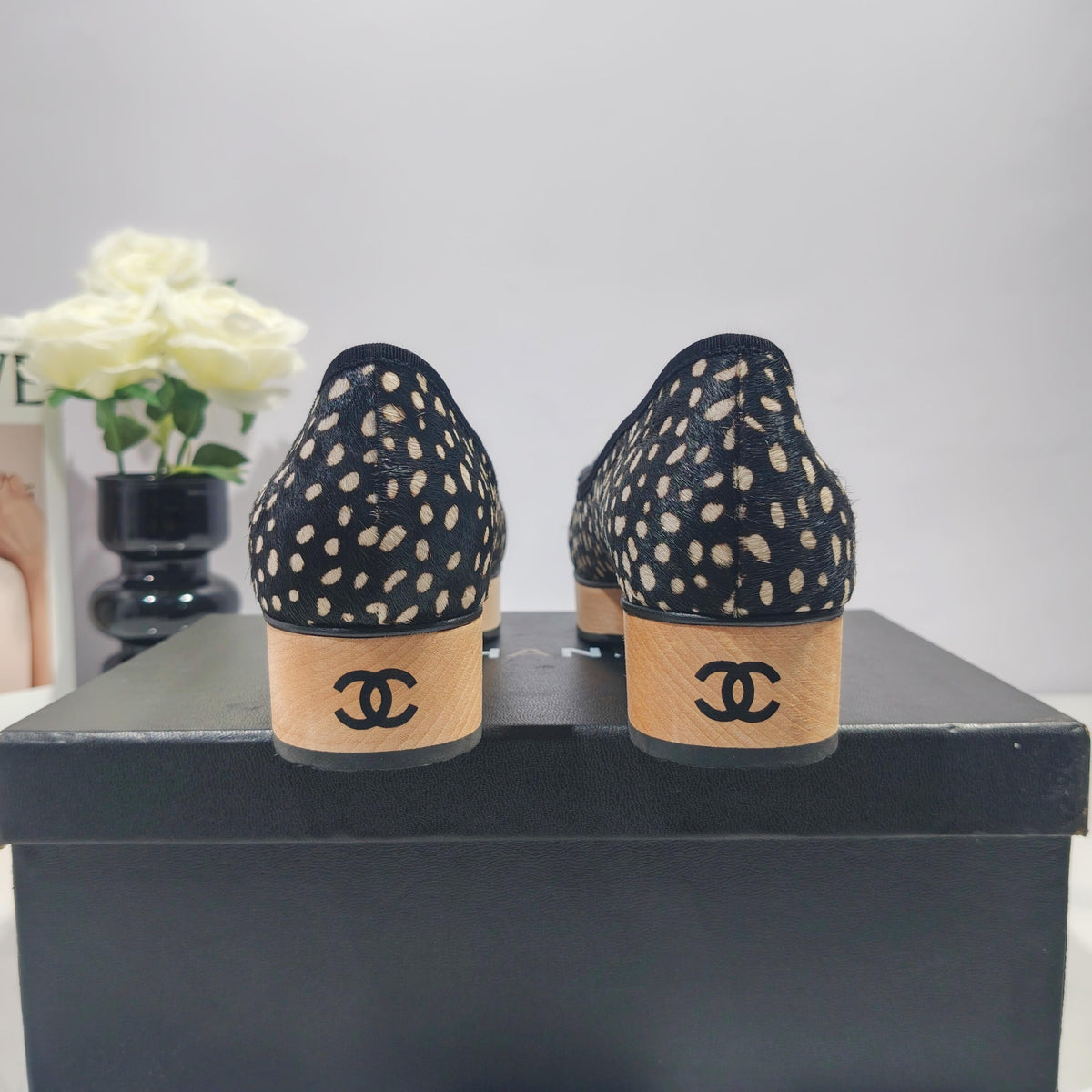 CC 26s Camellia Polka Dot Platform Shoes Black White Horsehair 104255