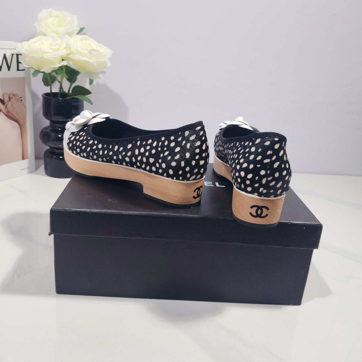 CC 26s Camellia Polka Dot Platform Shoes Black White Horsehair 104255