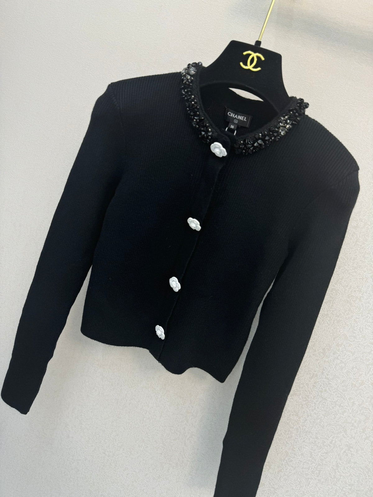 CC 26s Rhinestone-Embellished Knitted Cardigan Black Silk Wool 424679
