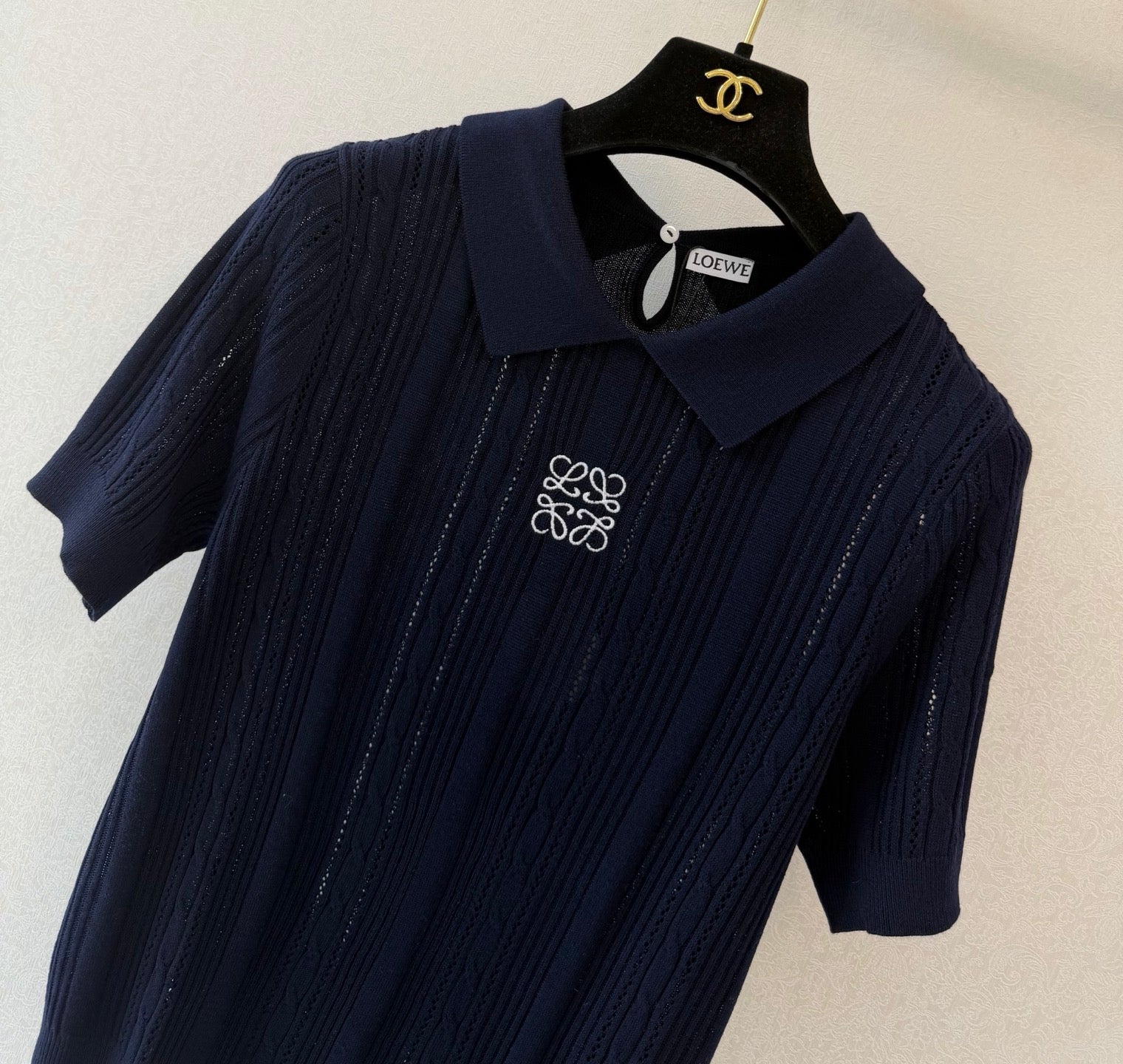 Loewe Collared Short-Sleeved Shirt Navy Blue Wool 394839