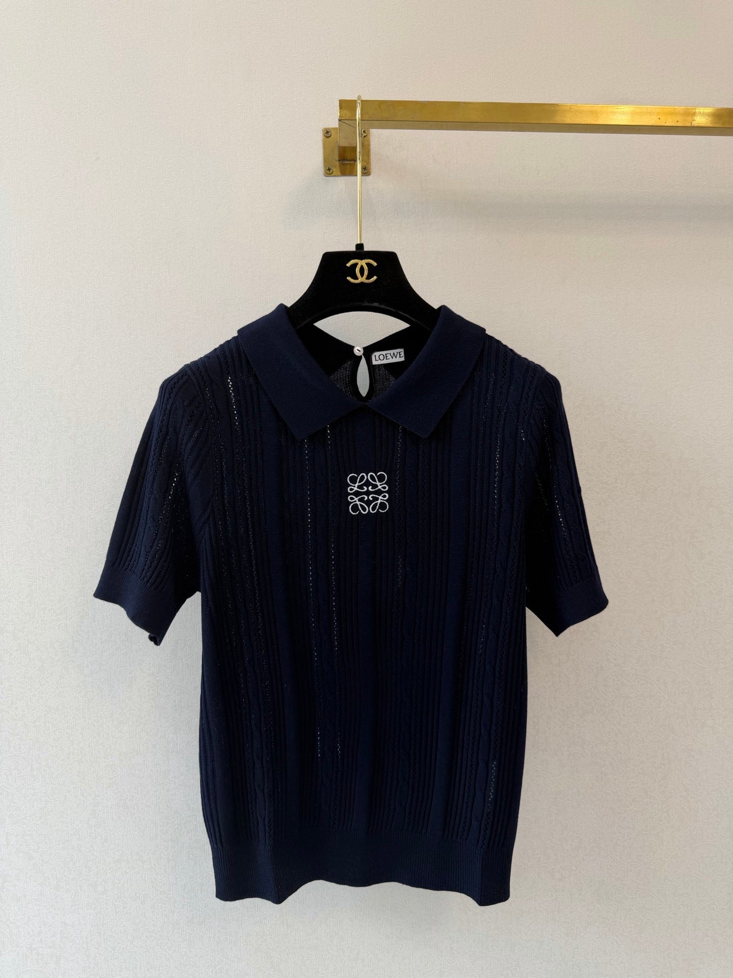Loewe Collared Short-Sleeved Shirt Navy Blue Wool 394839