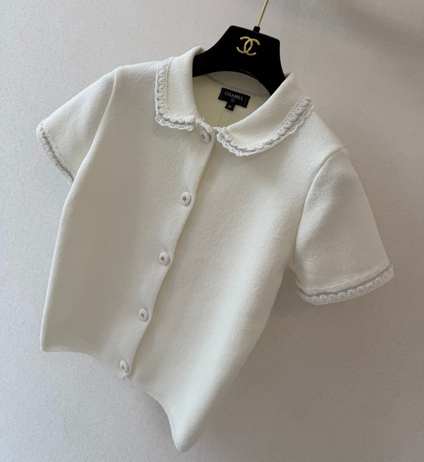 CC Collared Short-Sleeved Cardigan White Cotton Silk 394827
