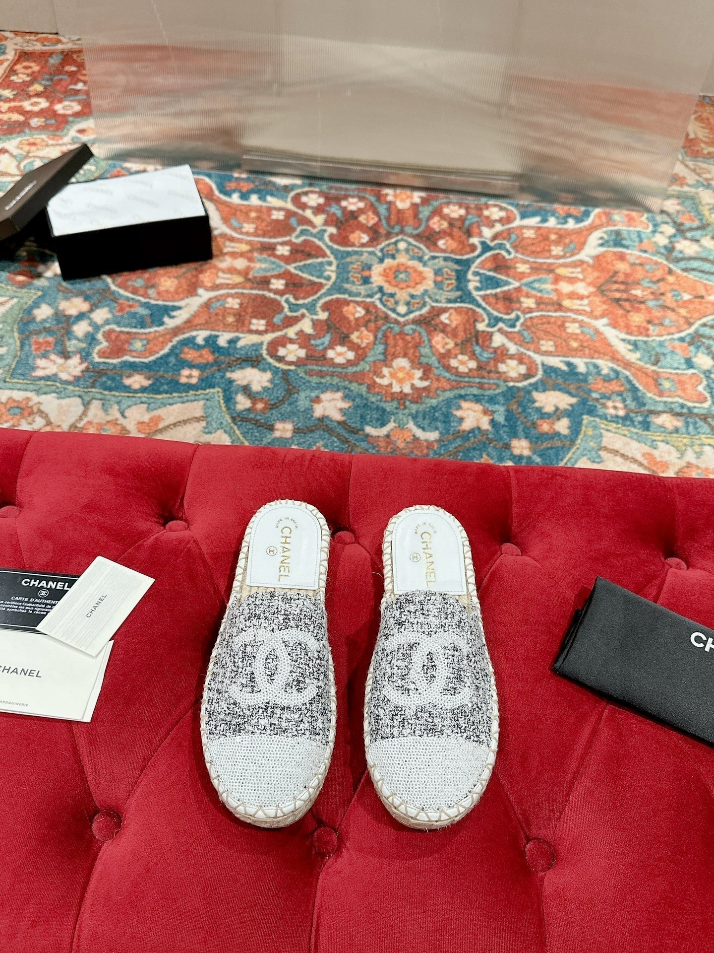 cc espadrilles mule grey fabric white sequin