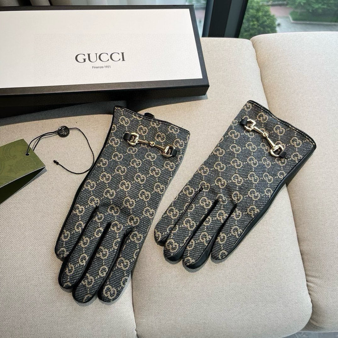 HORSEBIT GLOVES IN STONE BLUE MONOGRAM JACQUARD FABRIC MIX BLACK SHEEPSKIN 456333