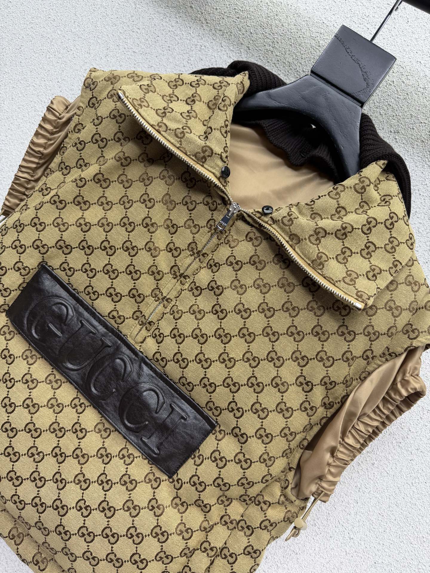 GG Gilet With Leather Label Beige Brown Fabric 343391