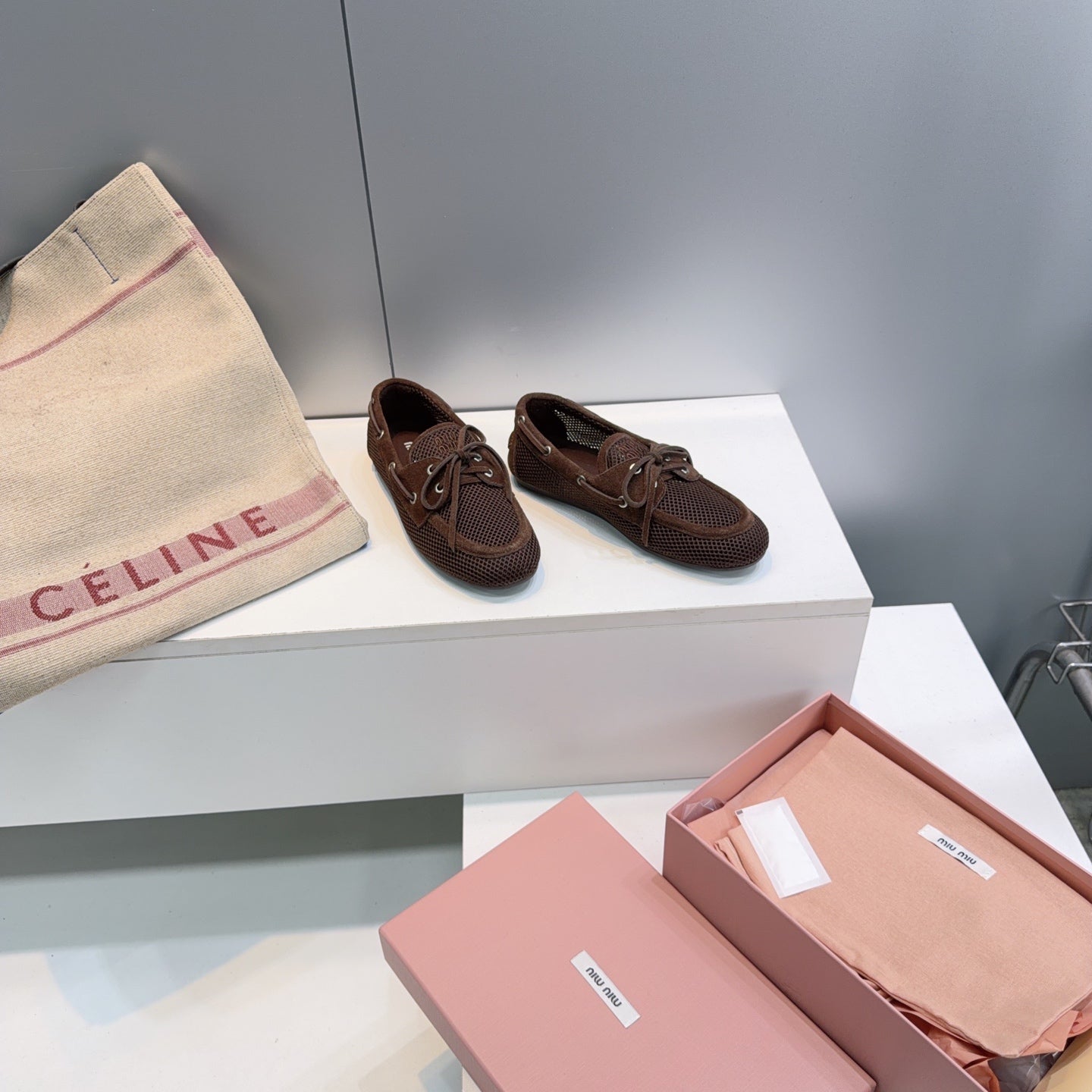 Miumiu 26s Boat Shoes In Dark Brown Mesh And Suede