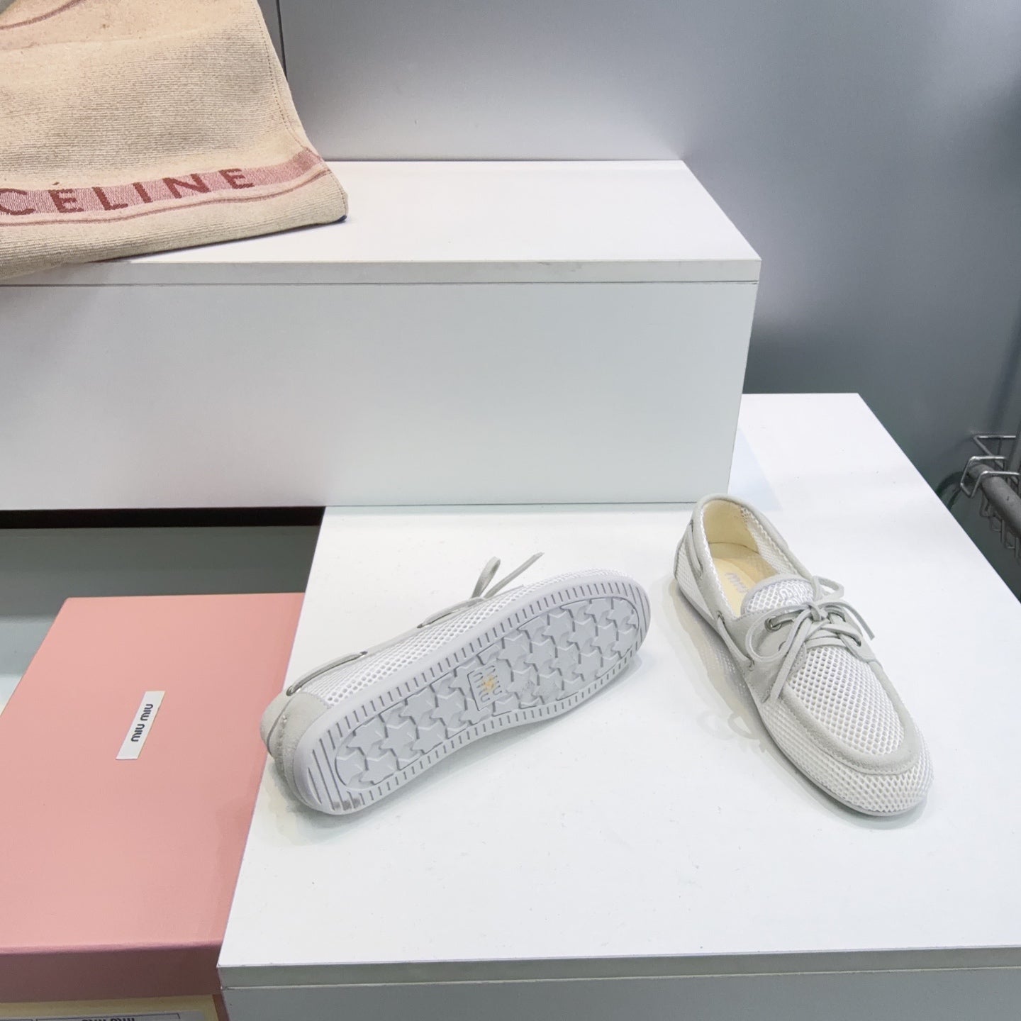 Miumiu 26s Boat Shoes In White Mesh And Light Grey Suede