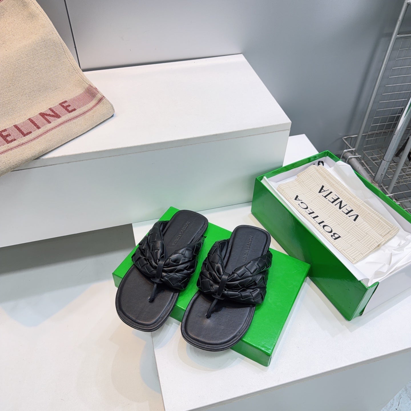 BV Salsa Flat Thong Black Intrecciato Leather 842949