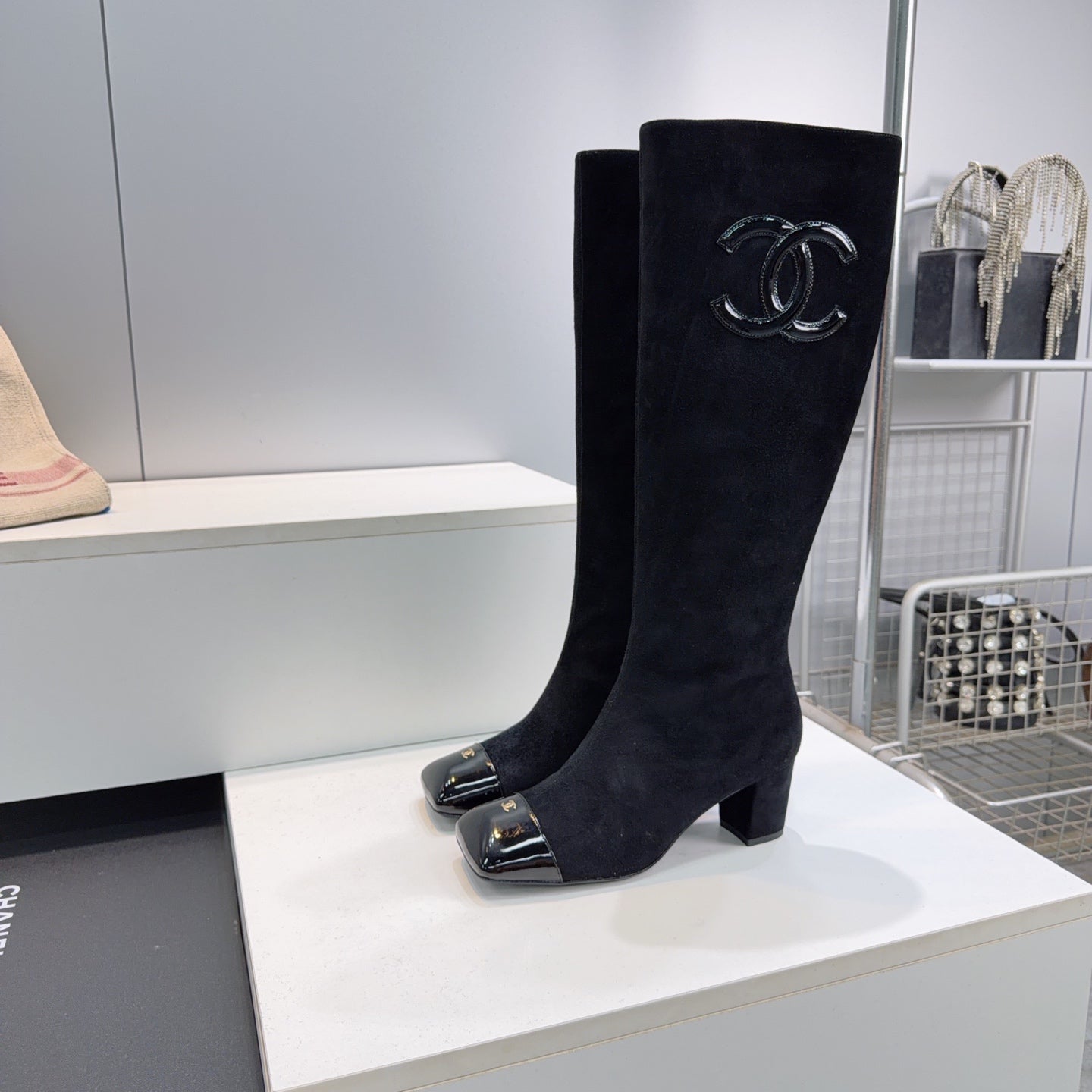 CC 26s Cap-Toe Knee-High Boots 4.5cm Black Stretch Suede 966839