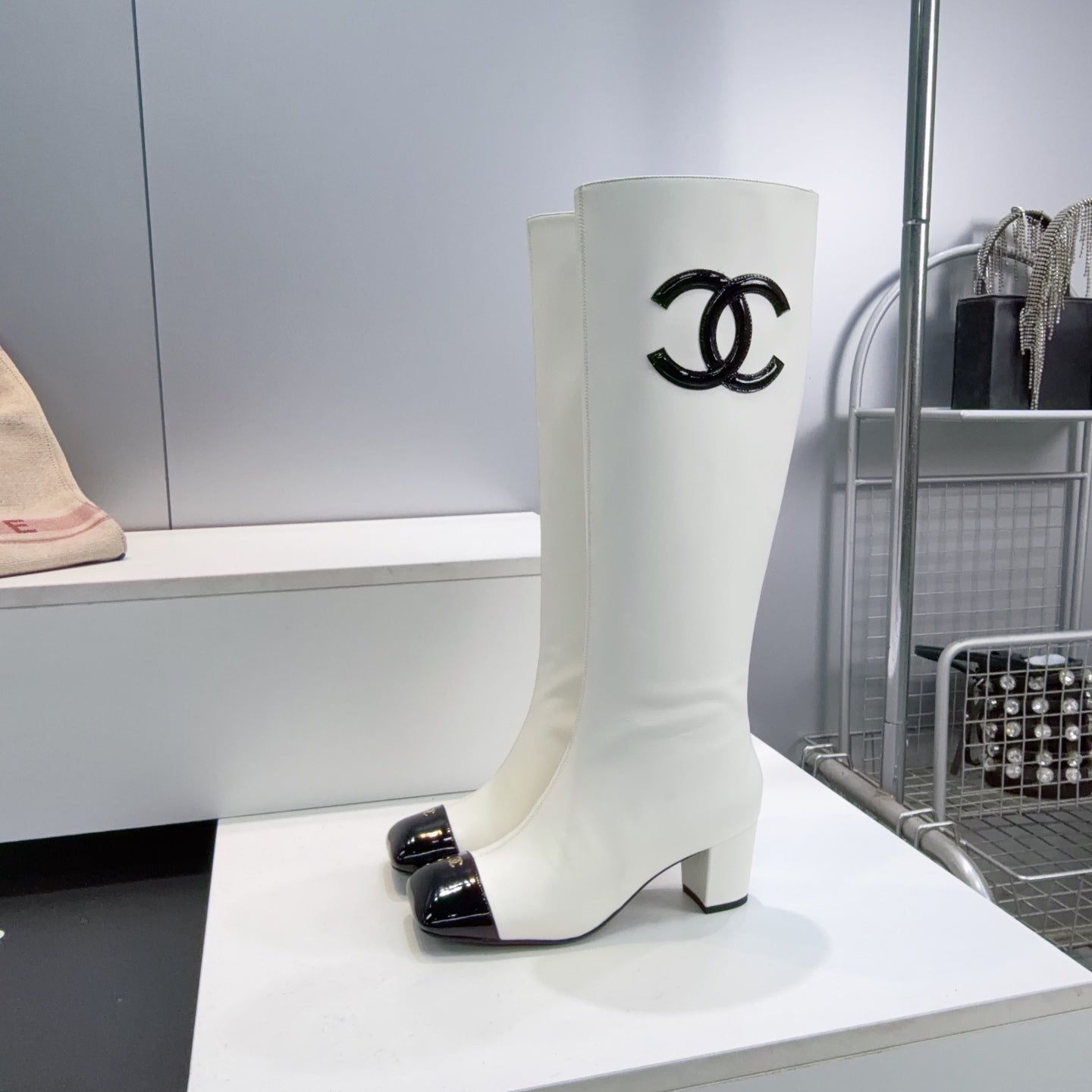 CC 26s Cap-Toe Knee-High Boots 4.5cm White Stretch Lambskin 966843