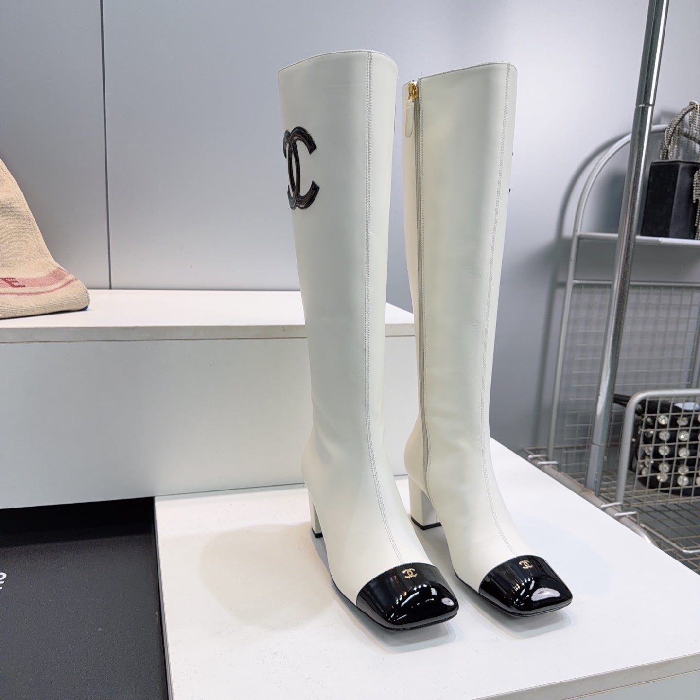 CC 26s Cap-Toe Knee-High Boots 4.5cm White Stretch Lambskin 966843
