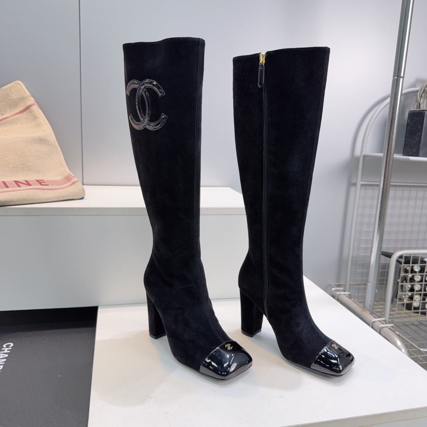 CC 26s Cap-Toe Knee-High Boots 8.5cm Black Stretch Suede 966844