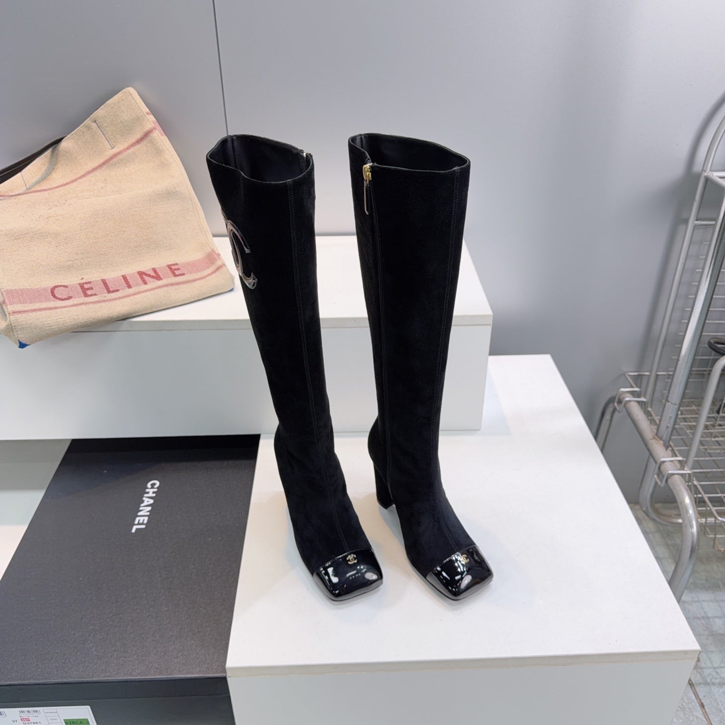 CC 26s Cap-Toe Knee-High Boots 8.5cm Black Stretch Suede 966844