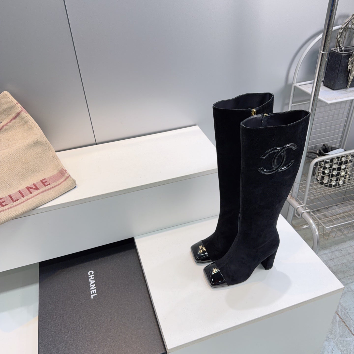 CC 26s Cap-Toe Knee-High Boots 8.5cm Black Stretch Suede 966844