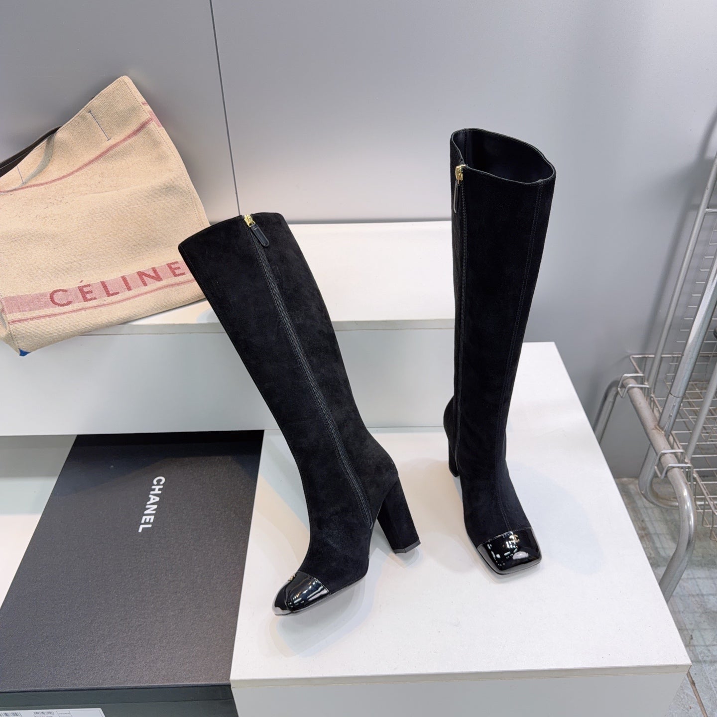 CC 26s Cap-Toe Knee-High Boots 8.5cm Black Stretch Suede 966844